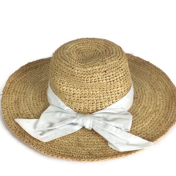 Peter Grimm Wide Brim Floppy Beach Sun Hat with White Bow in Tan - Picture 2 of 9